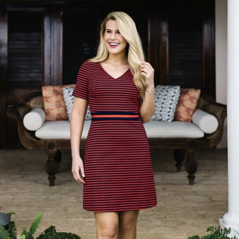Draper James Stripe Ponte Knit A-Line Dress in Nassau Navy/Red - Size S
